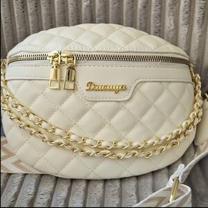 Quilted Cream Crossbody Bag with Gold Chain Accents